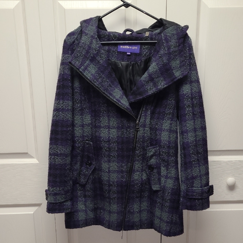 Madden Girl Purple and Gray Plaid Pea Coat With Hood. Features Slant Zipper M - Picture 1 of 10